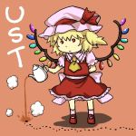  1girl ant blonde_hair dress dropping flandre_scarlet hands hat red_background red_clothes red_dress red_eyes ribbon shoes short_hair side_ponytail skirt solo teapot touhou wings yagimiwa 