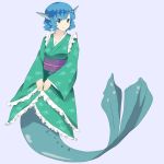  1girl blue_background blue_eyes blue_hair head_fins highres japanese_clothes mermaid monster_girl obi satisfaction_g short_hair simple_background solo touhou wakasagihime wide_sleeves 