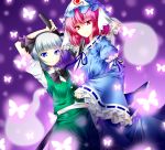  2girls blue_eyes butterfly dress fan folding_fan frills hair_ribbon hairband hat hitodama japanese_clothes konpaku_youmu multiple_girls pink_eyes pink_hair ribbon saigyouji_yuyuko shisui_suzuka short_hair silver_hair smile sword touhou triangular_headpiece weapon 