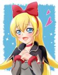  1girl :d blonde_hair blue-fin blue_background blue_eyes blush bust dokidoki!_precure hand_on_own_chest headband heart open_mouth precure red_ribbon regina_(dokidoki!_precure) ribbon smile solo sparkle 