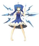  1girl absurdres bare_legs barefoot blue_dress blue_eyes blue_hair bow cirno dress full_body hair_bow hand_on_hip highres ice ice_wings looking_at_viewer miruto_netsuki pigeon-toed puffy_sleeves short_sleeves simple_background smile solo touhou white_background wings 