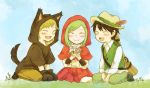  1girl 2boys animal_costume black_hair blonde_hair blush closed_eyes dress fang feathers flower grass green_hair gun hat hoodie kagerou_project kano_(kagerou_project) kido_(kagerou_project) little_red_riding_hood_(cosplay) multiple_boys open_mouth seto_(kagerou_project) short_hair smile vocaloid weapon wolf_costume yellowiris 