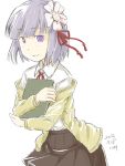  1girl contemporary flower hair_flower hair_ornament hieda_no_akyuu kawashina_(momen_silicon) looking_at_viewer purple_hair ribbon short_hair simple_background smile solo touhou violet_eyes white_background 