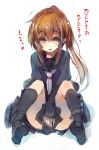  1girl boots brown_eyes brown_hair fumizuki_(kantai_collection) kantai_collection long_hair looking_at_viewer ponytail rough simple_background sitting skirt smile solo translation_request ukyo_rst white_background 