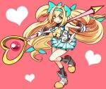  1girl :p bell blazblue blonde_hair bow cow_bell gloves green_eyes hair_bow hairband heart heart-shaped_pupils long_hair low-tied_long_hair minatsuki_randoseru platinum_the_trinity quad_tails ribbon skirt smile solo staff symbol-shaped_pupils tongue tongue_out twintails two_side_up very_long_hair 