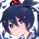  1boy ahoge black_hair black_sig blue_eyes expressionless face heterochromia ladybug male moronaromo puyopuyo puyopuyo_fever red_eyes sig solo white_background 