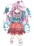  1girl baron_(x5qgeh) bow expressionless face_mask fox_mask hata_no_kokoro long_hair long_sleeves mask oni_mask pink_eyes pink_hair shirt simple_background skirt solo touhou very_long_hair white_background wide_sleeves 