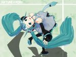  1girl 3d aqua_eyes aqua_hair arched_back bare_shoulders character_name detached_sleeves fingerless_gloves from_above gloves hatsune_miku headset highres isao_(witch_craft) long_hair necktie open_mouth outstretched_arm shadow skirt smile solo thighhighs twintails very_long_hair vocaloid wallpaper 
