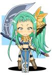  1girl blazing_souls boots bow breasts carla_(blazing_souls) chibi cleavage gloves green_hair hair_bow hair_ribbon highres kuri_masa long_hair midriff ribbon scarf scythe side_ponytail solo spectral_(series) weapon yellow_eyes 