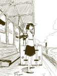  1girl hat kawashina_(momen_silicon) monochrome railroad_tracks shameimaru_aya short_hair smile solo tokin_hat touhou train_station wings 