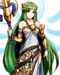  1girl crown goddess green_eyes green_hair jewelry kid_icarus long_hair mafen palutena smile solo staff 