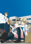  2girls blonde_hair box brown_hair building highres koujiro_frau motor_vehicle multiple_girls robotics;notes sky socks tennouji_nae tetsu10ru van vehicle yashio_kaito 