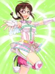  1girl akizuki_ritsuko antenna_hair belt braid brown_hair fingerless_gloves glasses gloves goggles heart idolmaster open_mouth outstretched_arms pink_eyes short_hair solo star tsurui twin_braids 