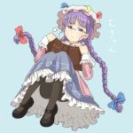  1girl alternate_costume alternate_hairstyle bespectacled book braid chi-kun_(seedyoulater) crescent frown glasses hair_ribbon hat long_hair pantyhose patchouli_knowledge purple_hair ribbon simple_background solo touhou twin_braids violet_eyes 