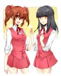 2girls aki_(misao) bangs black_hair blunt_bangs blush bow breasts brown_eyes brown_hair buttons hair_bow hair_ornament hands_on_own_chest high_five mi_(liki1020) miniskirt misao misao_(misao) multiple_girls open_mouth pink_miniskirt ribbon school_uniform skirt smile socks twintails yellow_eyes