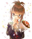  1girl akizuki_ritsuko bouquet brown_eyes brown_hair flower glasses idolmaster simple_background solo yae_(mono110) 