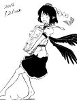  1girl barefoot carrying dated hat kawashina_(momen_silicon) looking_back open_mouth pointy_ears shameimaru_aya short_hair simple_background skirt solo tokin_hat touhou white_background wings 