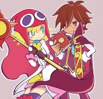  1boy 1girl amitie blonde_hair book brown_hair cape flipped_hair glasses gloves green_eyes hand_on_hip hat jacket lowres official_style pants pink_background puyopuyo puyopuyo_fever red_eyes short_hair shorts smile staff strange_klug thigh-highs yamada_(kamett) 