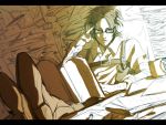  1girl armpit_holster book cup feet_on_table glasses hanji_zoe holster letterboxed looking_at_viewer monochrome mug papers parted_lips sepia shingeki_no_kyojin shirouedogawa sitting solo spot_color suspenders 