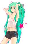  1girl absurdres arms_up bunching_hair character_name green_eyes green_hair hatsune_miku highres long_hair midriff mouth_hold navel popsicle shorts solo star tsukun112 twintails very_long_hair vocaloid white_background 