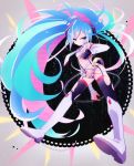  1girl blue_eyes blue_hair boots detached_sleeves garter_straps hatsune_miku highres knee_boots long_hair microphone necktie solo thigh-highs torn_thighhighs twintails udon_(improvisation) very_long_hair vocaloid 