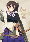  1girl archery armor arrow blush bow_(weapon) brown_eyes brown_hair hakama highres hoppege imperial_japanese_navy japanese_clothes kaga_(aircraft_carrier) kantai_collection kyuudou looking_at_viewer muneate personification quill side_ponytail single_glove solo weapon yugake 