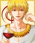  1boy blonde_hair command_spell cup fate/zero fate_(series) gilgamesh jewelry leopon male necklace red_eyes short_hair solo wine wine_glass 