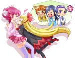  5girls :d aida_mana anger_vein blonde_hair blue-fin blue_eyes blue_hair blush braid brown_eyes brown_hair dokidoki!_precure double_bun eye_contact half_updo heart hishikawa_rikka holding_hands hug interlocked_fingers jealous kenzaki_makoto leaning_forward leaning_on_person long_hair looking_at_another multiple_girls open_mouth pink_eyes pink_hair precure purple_hair regina_(dokidoki!_precure) shadow short_hair simple_background smile tape_gag thigh-highs violet_eyes white_background yotsuba_alice yuri 