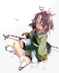  1girl archery blush bow_(weapon) cat hairband imperial_japanese_navy kantai_collection kyuudou muneate ponytail quill sandals shorts single_glove sitting solo weapon yellow_eyes yugake zuihou_(aircraft_carrier) 