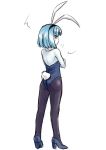  1girl animal_ears blue_eyes blue_hair blue_skin bunny_tail bunnysuit crossed_arms detached_collar from_behind looking_back nam_(valckiry) original pantyhose rabbit_ears short_hair tail 