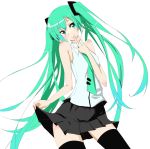  1girl green_eyes green_hair hatsune_miku long_hair necktie simple_background skirt skirt_hold smile solo suu2501 thighhighs twintails very_long_hair vocaloid white_background 