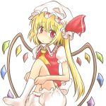  1girl ascot blonde_hair bloomers bow flandre_scarlet frown hat hat_ribbon head_tilt looking_at_viewer mob_cap no_pants no_shoes puffy_short_sleeves puffy_sleeves red_eyes ribbon short_hair short_sleeves side_ponytail simple_background sock_pull solo touhou underwear vest white_background wings yuuma_(pumpkin) 