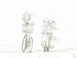  3girls bicycle hat himekaidou_hatate inubashiri_momiji kawashina_(momen_silicon) long_hair monochrome multiple_girls open_mouth shameimaru_aya short_hair sitting skirt smile tokin_hat touhou 