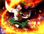  1girl arm_cannon black_hair black_legwear black_wings caution_tape crazy_eyes fire kikuseki radiation_symbol reiuji_utsuho solo thigh-highs touhou weapon wings yellow_eyes 