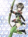  1girl alternate_costume black_eyes black_hair bow_(weapon) detached_sleeves fingerless_gloves gloves nakajima_akihiko shinon_(sao) shinon_(sao:im) short_hair sword_art_online sword_art_online:_infinity_moment thighhighs weapon 