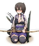  1girl archery armor arrow black_hair black_legwear blush bow_(weapon) broken brown_eyes dirty kaga_(aircraft_carrier) kantai_collection kyuudou muneate personification quill seiza side_ponytail single_glove sitting sweatdrop thigh-highs torn_clothes weapon yugake 