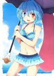  1girl bikini bikini_skirt blue_eyes blue_hair blush fuuen_(akagaminanoka) heterochromia karakasa_obake navel open_mouth polka_dot polka_dot_bikini polka_dot_swimsuit red_eyes short_hair skirt smile solo swimsuit tatara_kogasa tongue touhou umbrella 