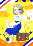  1girl blue_eyes brown_hair happy hat ribbon shifumi shoes short_hair skirt solo suitcase 