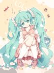  1girl bondson green_eyes green_hair hatsune_miku head_tilt kneehighs long_hair lots_of_laugh_(vocaloid) scrunchie skirt solo squatting twintails very_long_hair vocaloid 