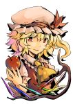  1girl apple blonde_hair flandre_scarlet food fruit hat red_clothes red_eyes ribbon short_hair side_ponytail smile solo touhou white_background wings yagimiwa 