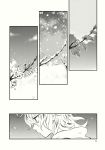  1girl branch comic hair_ornament highres leaf monochrome petals short_hair snow tagme tomobe_kinuko toramaru_shou touhou tree 