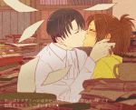  1boy 1girl ascot blurry blush book bookshelf chin_grab closed_eyes couple cup depth_of_field face-to-face flying_paper glasses hanji_zoe holding holding_book incipient_kiss kiss levi_(shingeki_no_kyojin) mug noah_0628 paper shingeki_no_kyojin sweatdrop too_many_books 