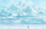  1girl blue bou_nin clouds dress long_hair monochrome original ponytail silhouette sky solo standing 