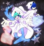  1boy 1girl blue_eyes blue_hair bow expressionless ghost ghost_tail green_hair grey_background hair_over_eyes halloween happy hood kamome_hnkn outstretched_arms puyopuyo puyopuyo_fever rei-kun short_hair spread_arms star trick_or_treat yu-chan 