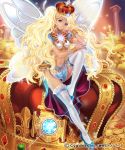  1girl blonde_hair butterfly_wings crown long_hair nott original sitting solo thigh-highs violet_eyes wings 
