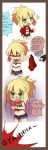  /\/\/\ 1girl anger_vein blonde_hair braid chibi comic cutoffs denim denim_shorts english fate/apocrypha fate_(series) flat_chest french_braid green_eyes jacket jacket_removed jewelry long_hair midriff necklace ponytail red_jacket saber_of_red shorts solo trembling tubetop tusia 