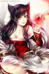  1girl ahri animal_ears artist_name bare_shoulders black_hair breasts cleavage detached_sleeves facial_mark fox_ears fox_tail heart league_of_legends lips long_hair multiple_tails signature snellsnail solo tail yellow_eyes 