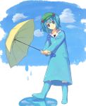  1girl amazakesakumi1222 blue_eyes blue_hair clouds dated hair_bobbles hair_ornament hat kawashiro_nitori looking_at_viewer puddle raincoat rubber_boots short_hair short_twintails sky smile solo touhou twintails umbrella 