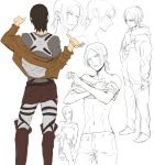  1girl abs character_sheet dressing hair_down hand_on_own_chest jacket monochrome pants partially_colored profile shingeki_no_kyojin short_hair solo three-dimensional_maneuver_gear topless umi_zenbiraki undressing ymir_(shingeki_no_kyojin) young 