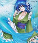  1girl blue_eyes blue_hair breasts bubble cleavage head_fins japanese_clothes large_breasts long_sleeves marker_(medium) mermaid millipen_(medium) monster_girl obi open_mouth ryumaira seaweed short_hair sitting solo touhou traditional_media underwater wakasagihime water wide_sleeves 